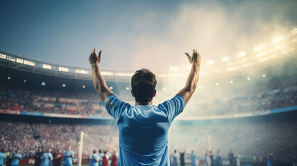 Rear view of football fan cheering for favourite team with raised hands at stadium