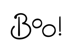 Boo! Traditional Halloween scary phrase holiday design element quote for poster, greeting card, invitation, cartoon style handwritten word, cute lettering for kids