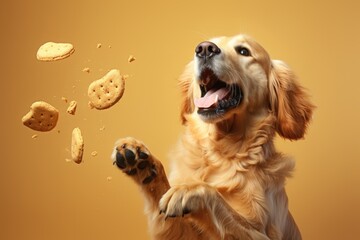 Dog catching a biscuit. AI generated