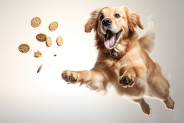 Dog catching a biscuit. AI generated