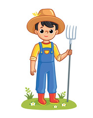 Boy is standing in a clearing with a pitchfork dressed as a farmer. - 632714481