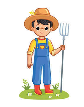 Boy is standing in a clearing with a pitchfork dressed as a farmer.