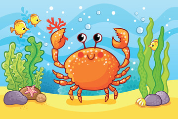 Cute crab stands on a sandy seabed among fish and algae. Vector illustration with sea animal.