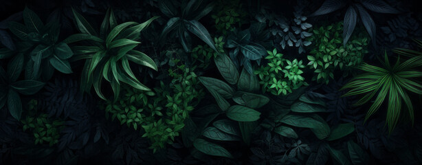 Tropical green leaf in dark tone. Generative AI.