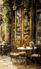 Fototapeta na wymiar Watercolor of a typical French cafe in Paris from the early 19th century. Generative AI.