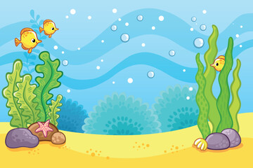 Vector illustration with marine fish and algae on a marine theme. Underwater world.