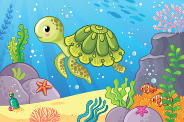 Cute sea turtle in the sea among fish and algae. Vector illustration with dangerous fish.