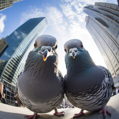 Selfie of two pigeons in the big city. Fun, meme and animal concept. Generative AI. - obrazy, fototapety, plakaty
