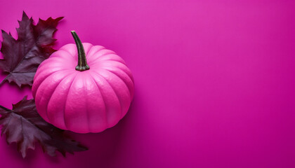 Thanksgiving and Halloween background with pink and magenta pumpkins and fallen leaves in autumn. Generative AI.