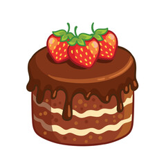 Chocolate brownie with strawberries on a white background. Vector illustration with dessert.