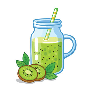 Kiwi juice in a jar with a straw stands on a white background. Vector illustration with kiwi fruit.