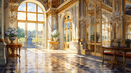 Palace of Versailles interior watercolor - obrazy, fototapety, plakaty