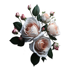 hermoso ramo de flores, rosas,flores blancas, con tallo y planta verde debajo, IA generativa - obrazy, fototapety, plakaty