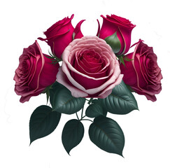 hermoso ramo de flores, pink rosas, realista, con tallo y planta verde debajo, IA generativa - obrazy, fototapety, plakaty