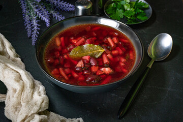 Traditional Ukrainian borscht with cream.