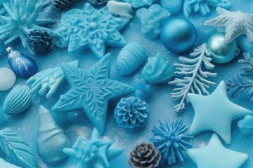 An intricate flat lay of a Christmas background in blue. Generative AI