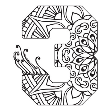 Number Mandala. Design elements from mandala art style for coloring. Collection of doodle numbers with Zentangle elements. Vector illustration can be used for Print.