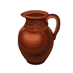 Clay pitcher, traditional ceramic pottery. Ceramic jug, earthenware pot, old traditional vase with handle. Crock craft vector illustration, stock image. Brown jar, ancient amphora pot