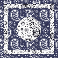 Grey bandana kerchief paisley fabric patchwork abstract vector seamless pattern