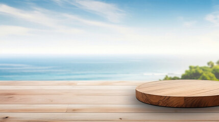 Fototapeta premium an empty premium wooden podium on coastal wood table: perfect product photography background with summer sea view