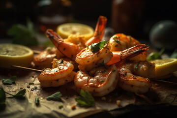 Grilled shrimp skewers with lemon and garlic, Food, bokeh 