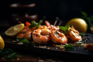 Grilled shrimp skewers with lemon and garlic, Food, bokeh 