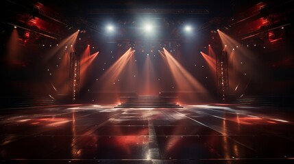 Fototapeta na wymiar 3D-rendered scene featuring an empty stage bathed in the glow of powerful spotlights 16:9 