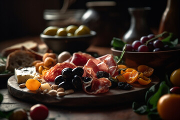 Obraz na płótnie Canvas A platter of antipasti with cured meats, olives, and cheese, Food, bokeh 