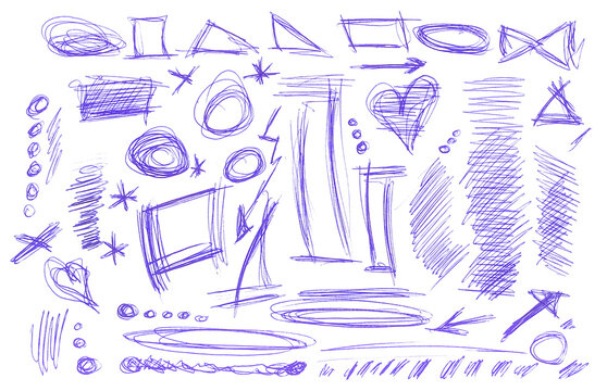 Set hand drawn blue ball pen shapes isolated on white, doodle