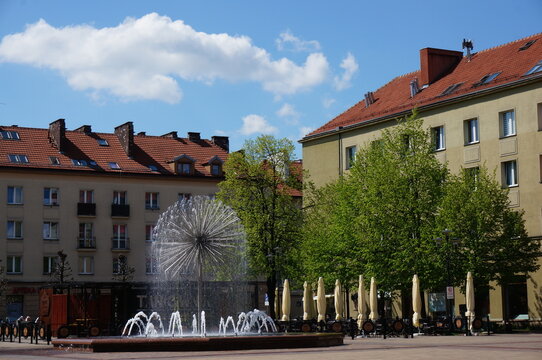 Plac Krzysztofa Kamila Baczynskiego (Square), impressive fountain in the shape of a dandelion. Tychy, Poland.