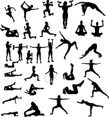 Fototapeta na wymiar Women Exercise Yoga Silhouette Set