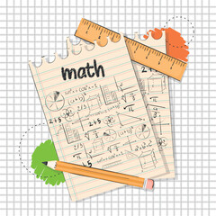 Pair of papers with mathematical formulas and a ruler and pencil Math class concept Vector illustration