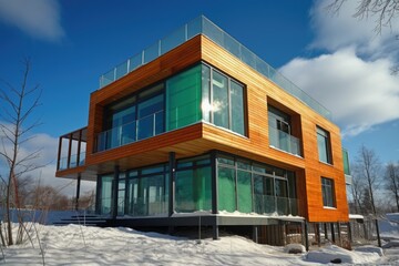 an ultramodern sandwich panel house with big windows Eco-friendly homes built using modular housing. Generative AI