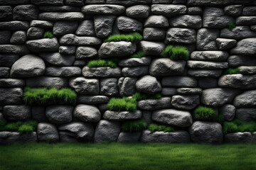 Black texture from Rock wall and green grass Background