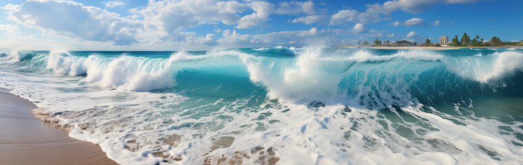 Powerful turquoise blue wave in the ocean on a bright sunny day