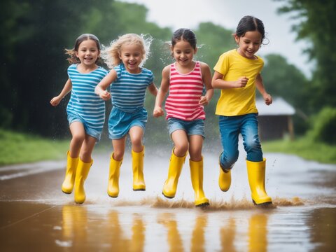 Several children wearing rain yellow boots, jumping and splashing in puddles as rain falls around them. The shot convey a strong summer vibe, be a close