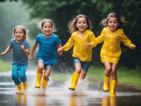 Several children wearing rain yellow boots, jumping and splashing in puddles as rain falls around them. The shot convey a strong summer vibe, be a close