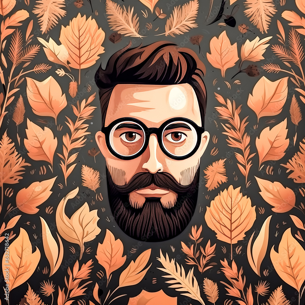 Poster a man stands in front of a colorful autumn pattern, surrounded by light.