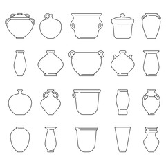 Various contour ceramic pot. Vector illustration craft jug. Different shapes. Ancient ceramics. Pottery concept. Trendy illustration. Traditional crockery for food. Earthenware, kitchen dish 