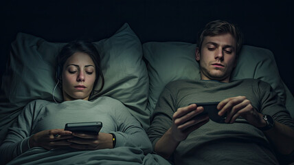 Fototapeta premium siding Couple Couple sleep with smartphones in their bed. Mobile phone addiction. Bored distant couple ignoring each other lying in bed at night while using mobile phones.