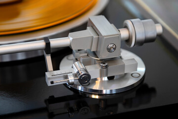 Vintage Stereo Turntable Vinyl Record Tonearm Mechanism Closeup - 632719241