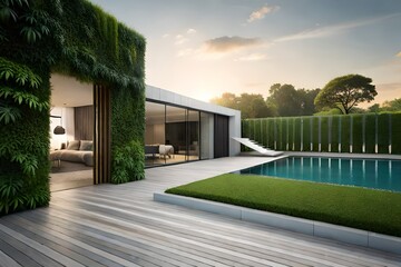 modern living house with garden
