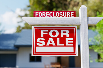 Foreclosure For Sale Real Estate Sign In Front of House. No property release needed - this is a 3D...
