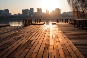 Naklejka premium A wooden platform existed before the contemporary city. Generative AI