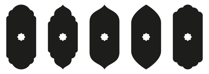 Shape Islamic door and window silhouette Arabic arch with symbols . Collection of patterns in oriental style. Frames in Arabic Muslim design for Ramadan Kareem. Vector mosque gate isolated on white.