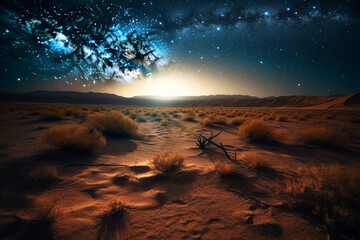 Star-filled sky over a desert landscape, Space, bokeh  - obrazy, fototapety, plakaty