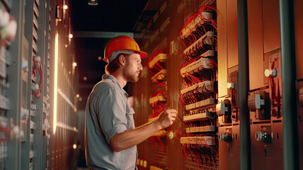 photograph of Electrician engineer tests electrical installations and wires on relay protection system. Bay control unit. Medium voltage switchgear.generative ai