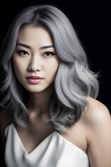 Close-up portrait of attractive young girl with gray hair, black background