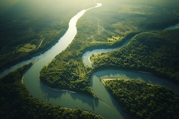 An aerial view of a river in the forest, generative AI