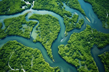 An aerial view of a river in the forest, generative AI